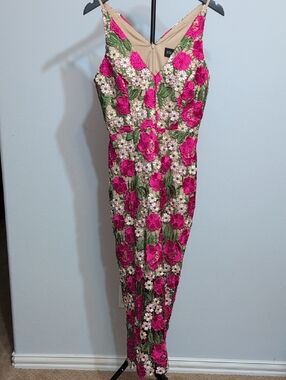 XS Floral Embroidered Maxi Dress in Hot Pink